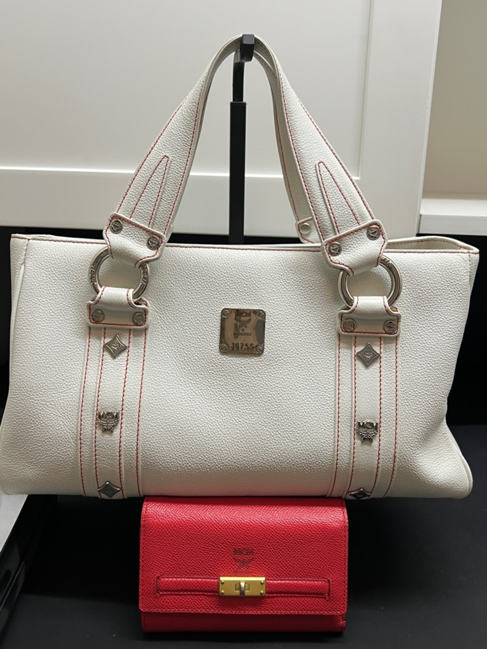 MCM White Pebbled Leather Tote with Silver Logo Plate
